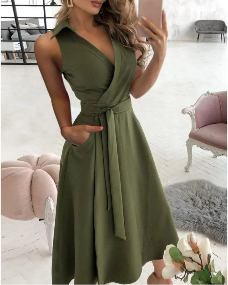 Women Pocket Midi Dress Casual Female Sping Summer