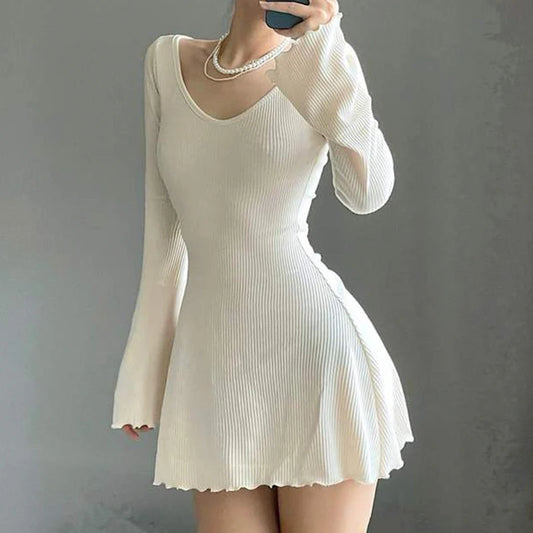 Knitting Elegant Dress Spring Fall Solid V Neck