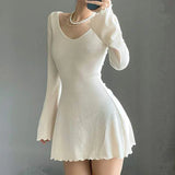 Knitting Elegant Dress Spring Fall Solid V Neck