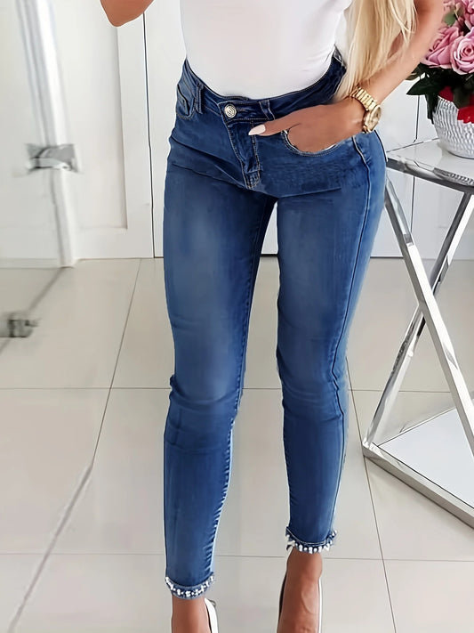 Women Casual Chic Blue Skinny Jeans with Pearl Accents