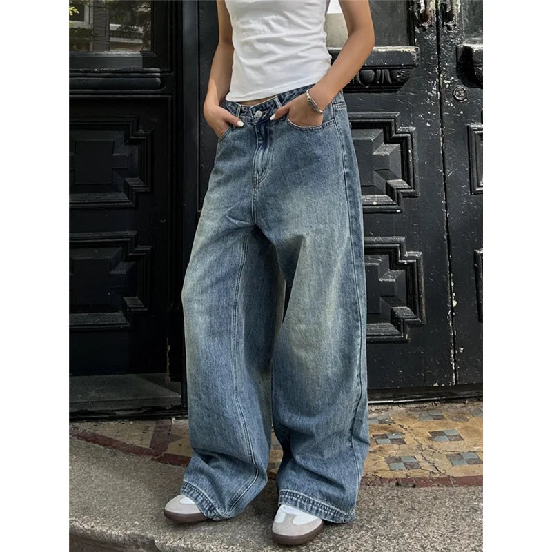 Blue High Waist Vintage Y2K Wide Leg Women's Jeans