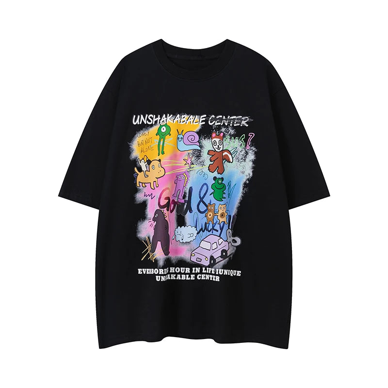 Crew Neck Oversize Cotton Short Sleeve Cartoon Print Tshirt