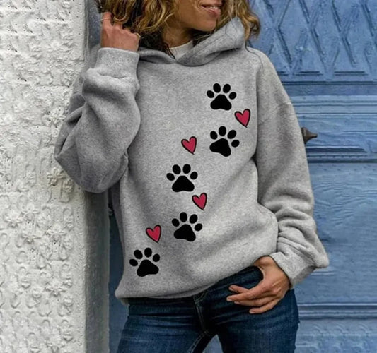 Women Cartoon Dog Love Footprints Hoodie Streetwear