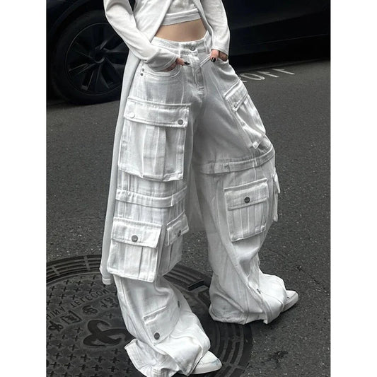 White High Waist Cargo Jeans Women Y2K Streetwear