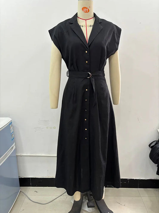 Black Linen Blend Midi Shirt Dress with Belt