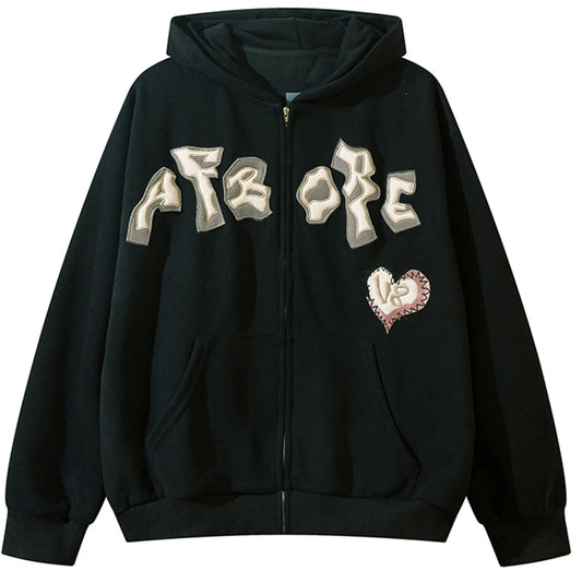 Men Zip-Up Hoodie Letter Embroidery Oversize Streetwear