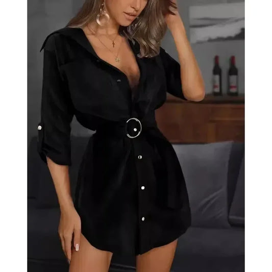 Trendy Lace Up Cardigan Solid Color Shirt Dress With Rolled Sleeves