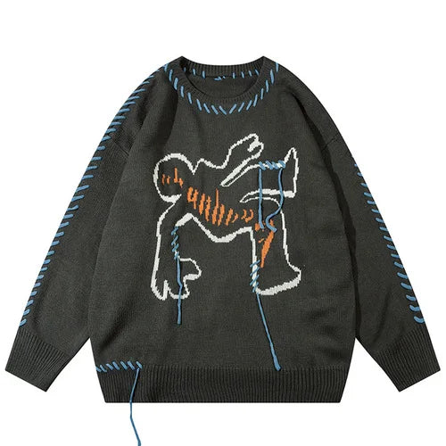 Human Pattern Sweater Crew Neck Baggy Streetwear Autumn Pullover