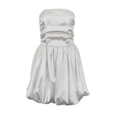 Sweet Strapless White Satin Pleated A-Line Mini Dress