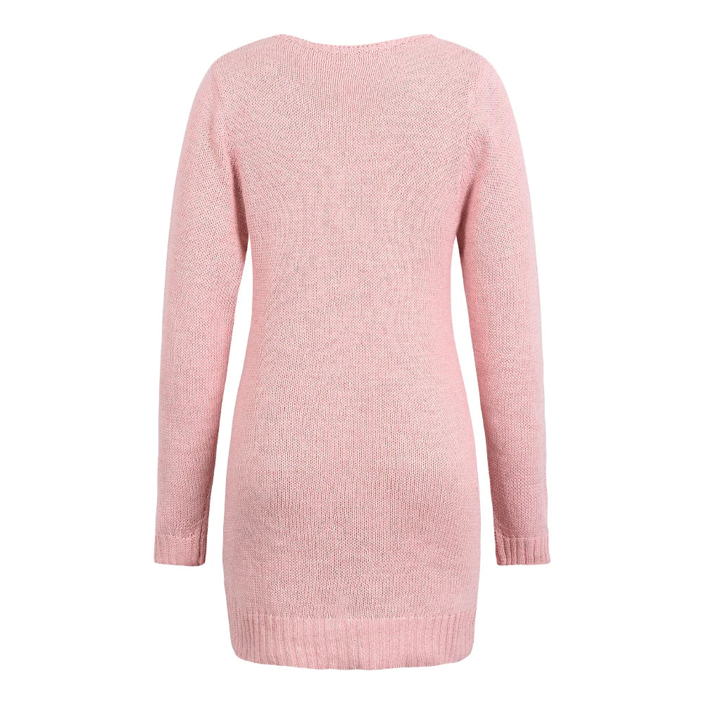 Slim Fit Knitted Sweater Dress Spring V-neck Zip Long Sleeve