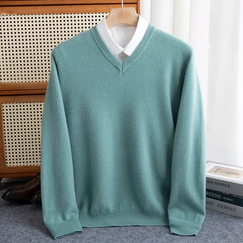 Pure Wool Pullover Men Basic Knitwear Sweater V-Neck