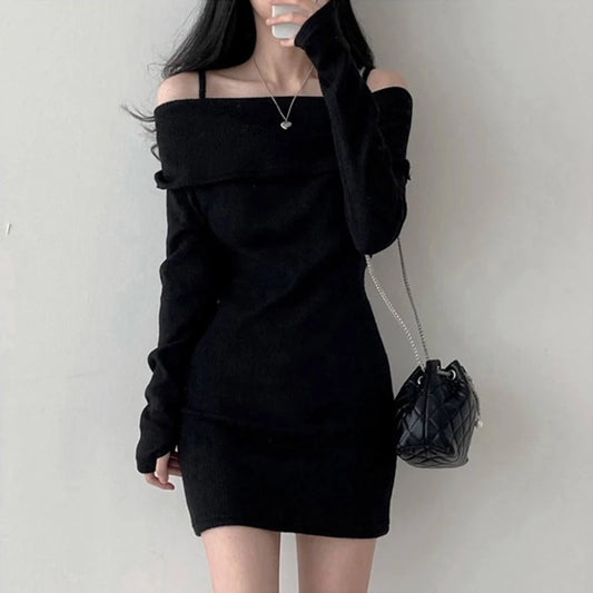 Y2K Women Knitted Mini Dress Korean Sexy Off Shoulder