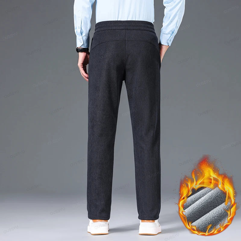 Winter Fleece Warm Thick Pants Men Business Elastic