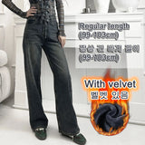 Fleece-lined Straight Denim Pants For Female Autumn Winter