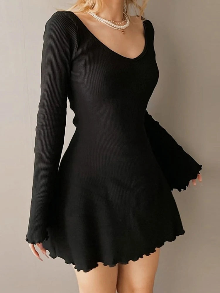 Knitting Elegant Dress Spring Fall Solid V Neck