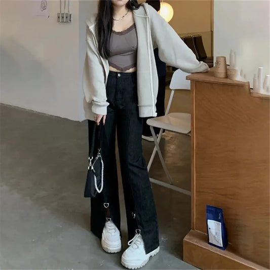 Autumn New Korean Style High Waist Straight Wide Leg Denim