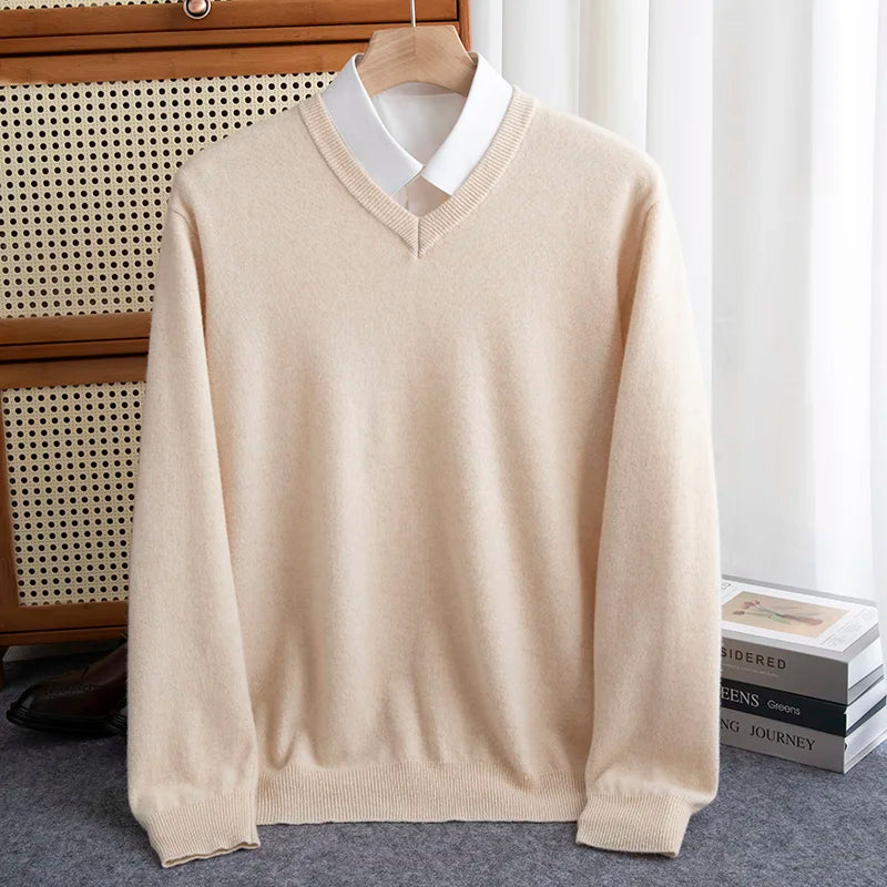 Pure Wool Pullover Men Basic Knitwear Sweater V-Neck