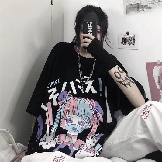 Pastel Goth Graphic Tee For Women Cotton Summer T-shirt With Anime