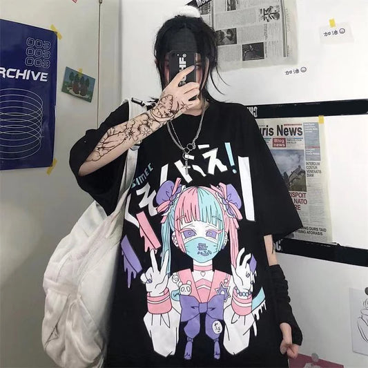 Pastel Goth Graphic Tee For Women Cotton Summer T-shirt With Anime