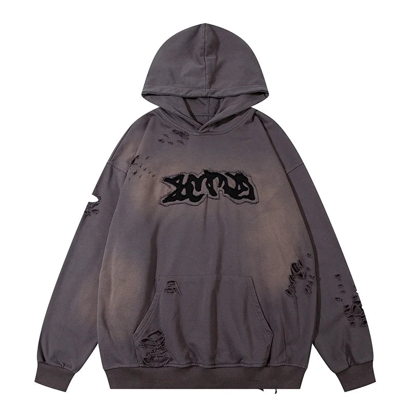 Men Ripped Grunge Oversized Hoodie Streetwear Pullover