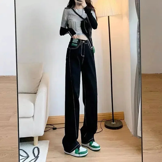 Woman Graphic Pattern Trousers with Print Black High Waist Shot Straight