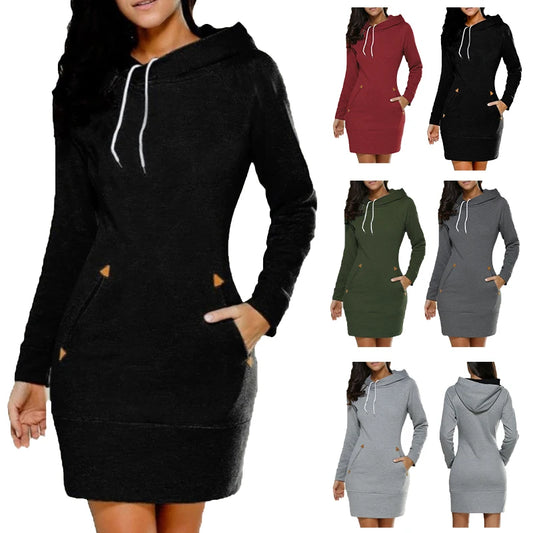 Cozy Hooded Sweatshirt Dress With Pockets For Casual Comfort