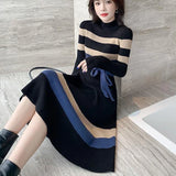 Elegant striped thick sweater dress female 2024 spring