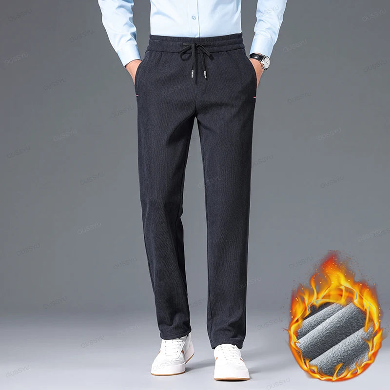 Winter Fleece Warm Thick Pants Men Business Elastic