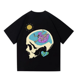 Punk Tshirt Streetwear Hip Hop Skull Head Sun Print 2024