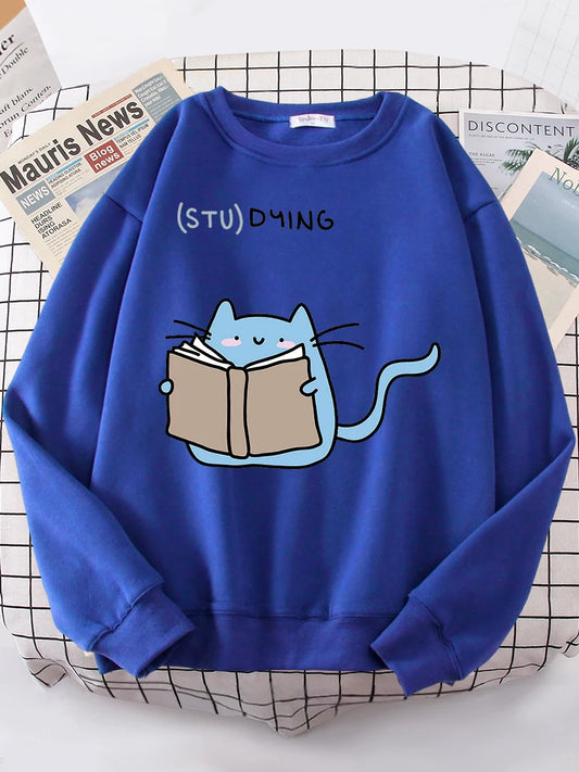 Love Studying Cat Print Sweatshirt