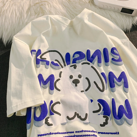 Oversize White Short Sleeve T-shirt Women Cartoon Cute Rabbit Print