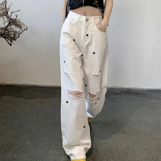 Jeans Torn Print Ripped Graphic White 90s R Trousers