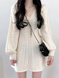 Mini Dress Women Autumn Long Sleeve V-Neck Knitted