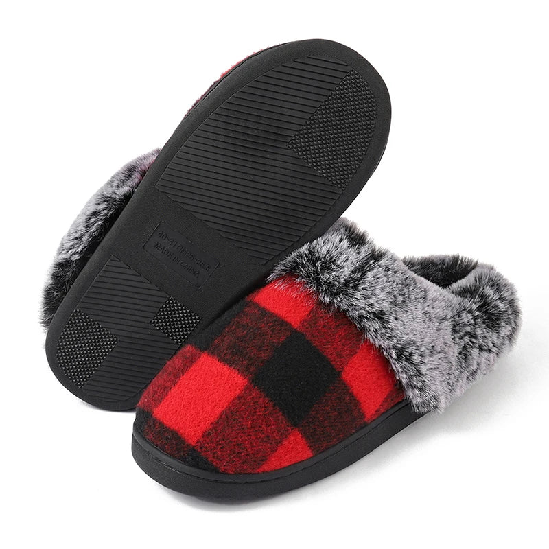 Plaid Thicken Plush Fur Slippers Women 2024 Winter