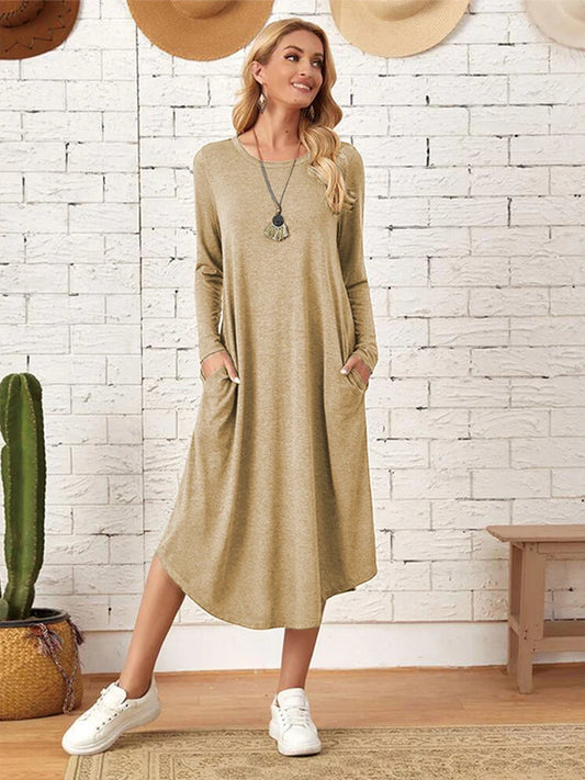 Midi Dress Women Solid Vintage Long Sleeve