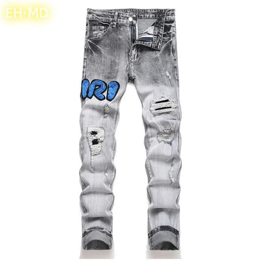 Hand Jeans Men Gradient color Pattern Personality Cotton High Elastic