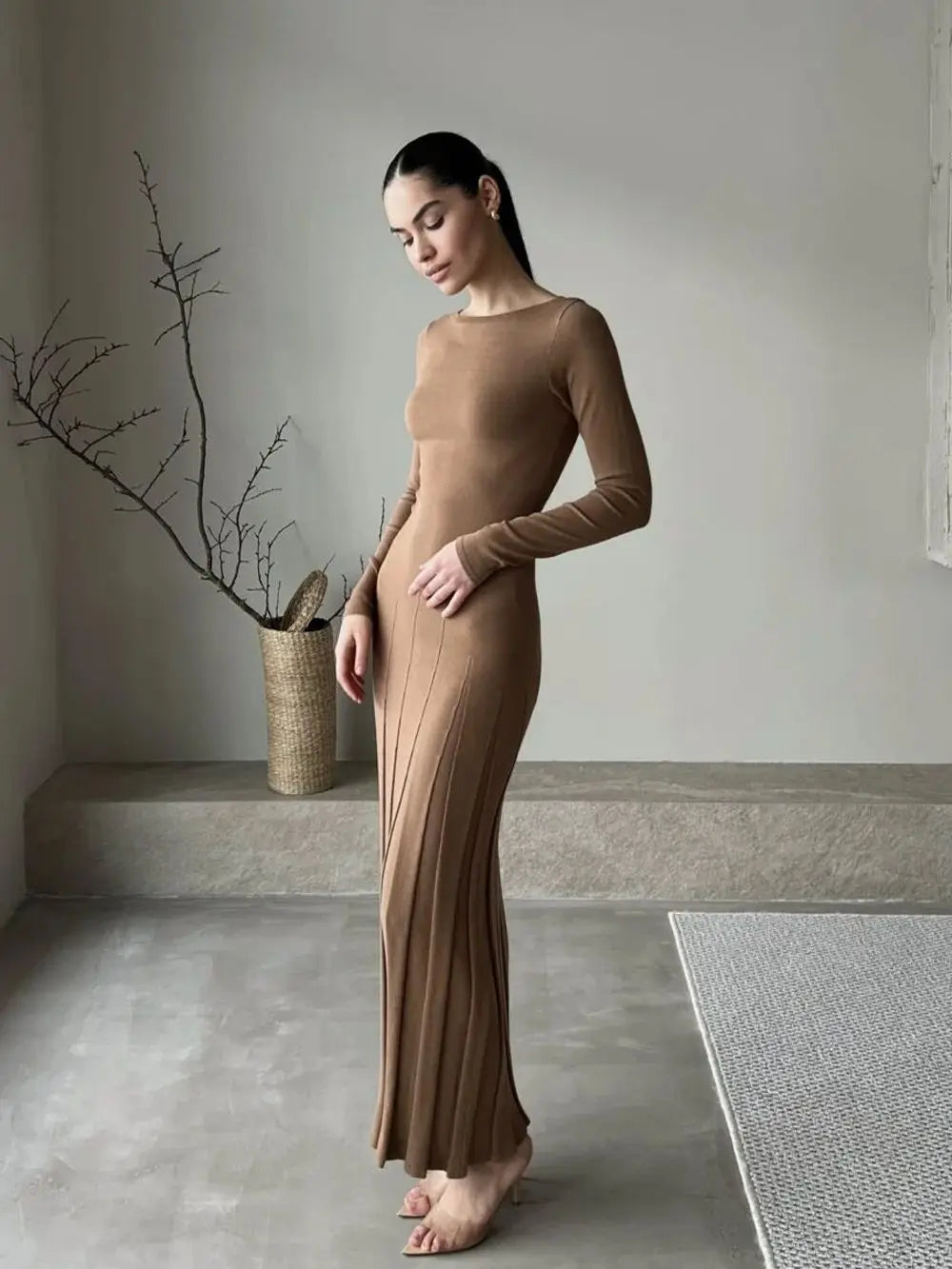 Autumn Winter Long Sleeve Pleated Knitted Maxi Dress