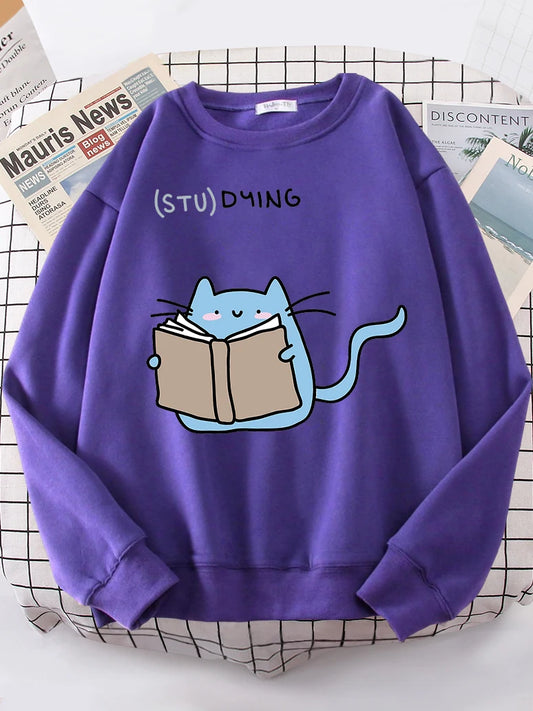 Love Studying Cat Print Sweatshirt