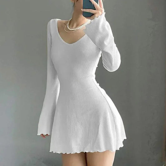 Solid U Neck Backless Mini Dress Y2K A-Line Flared Long Sleeves