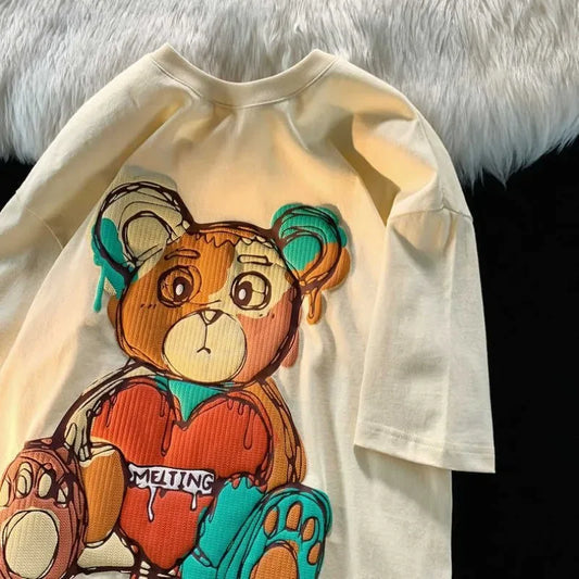 Retro Graffiti Teddy Bear Printed Short Sleeved T-shirt