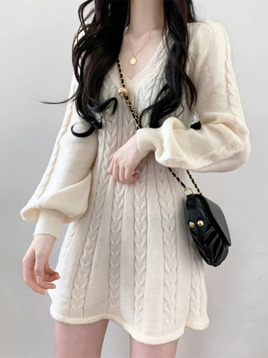 Mini Dress Women Autumn Long Sleeve V-Neck Knitted