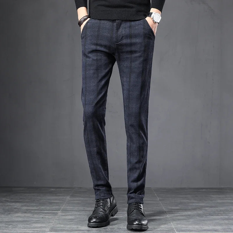 Autumn Men's Brushed Plaid Casual Pants Korean Style