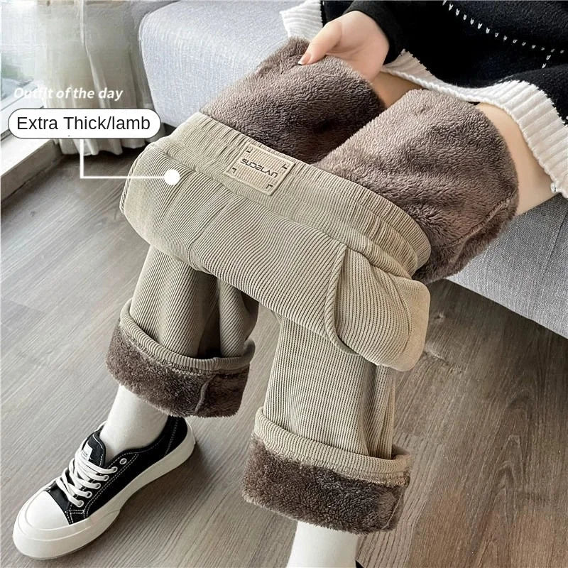 Winter Warm Thicken Straight Pants Women Casual Elastic