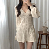 Elegant Knitted Mini Dress V Neck Sweater Winter Korean Lantern