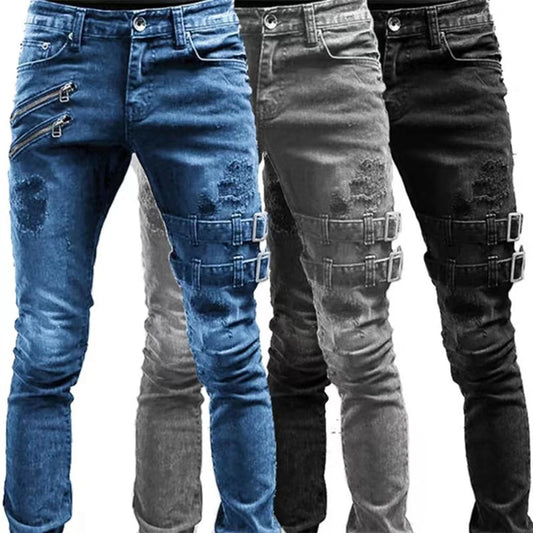 Retro Moto Biker Jeans Distressed Zipped and Streetwear Chic