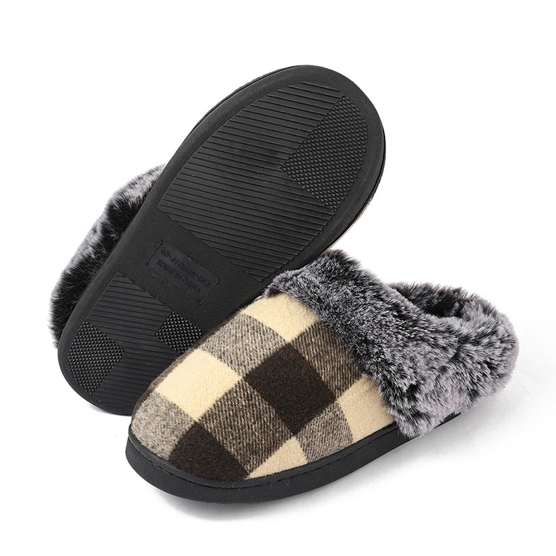 Plaid Thicken Plush Fur Slippers Women 2024 Winter