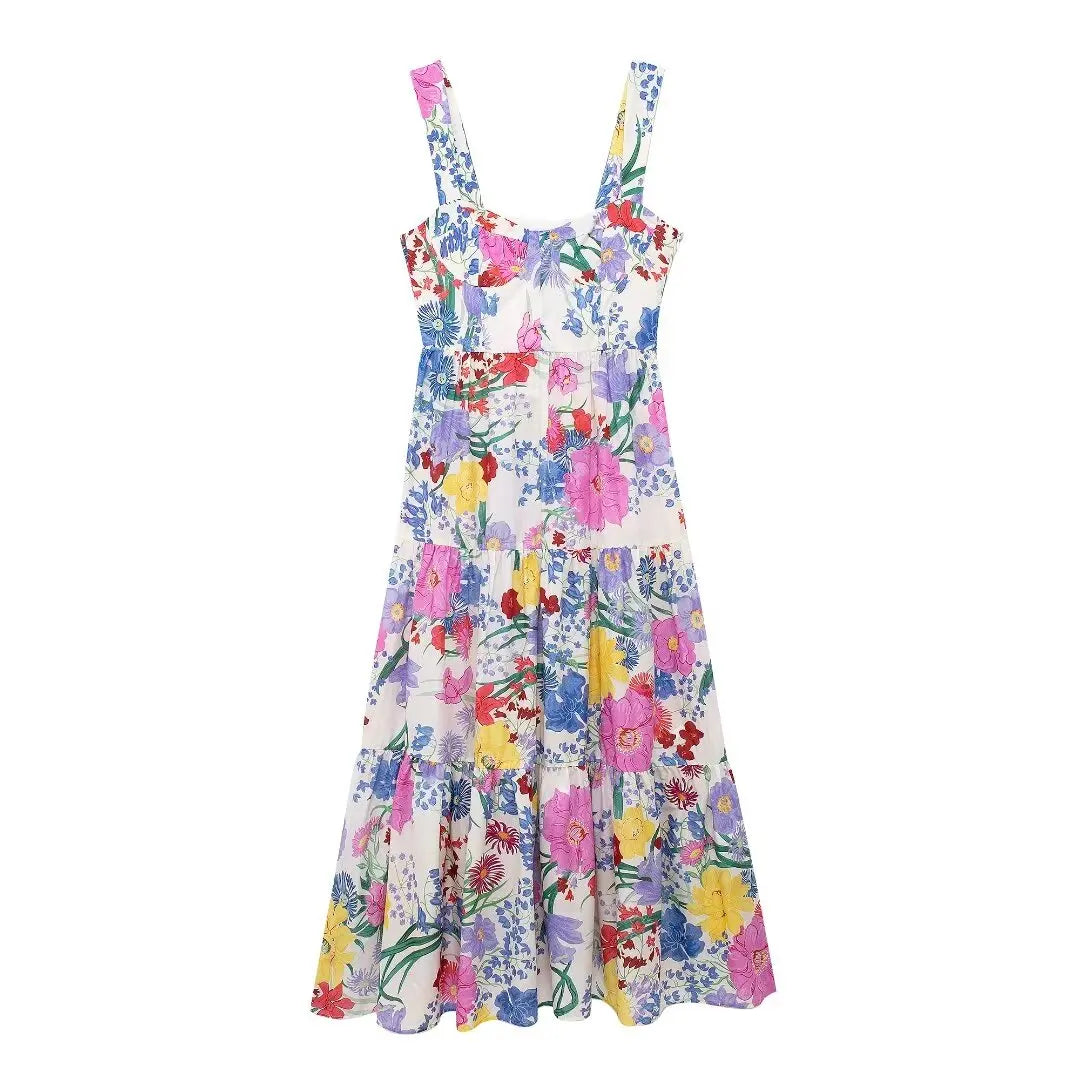 Strap Dress 2024 Women Flower Print Midi