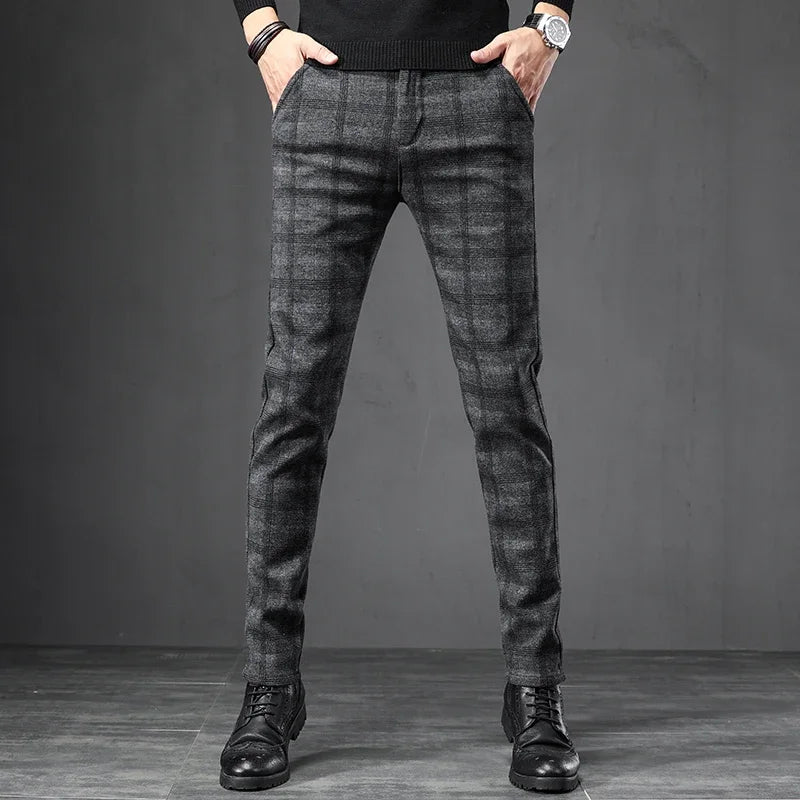 Autumn Men's Brushed Plaid Casual Pants Korean Style