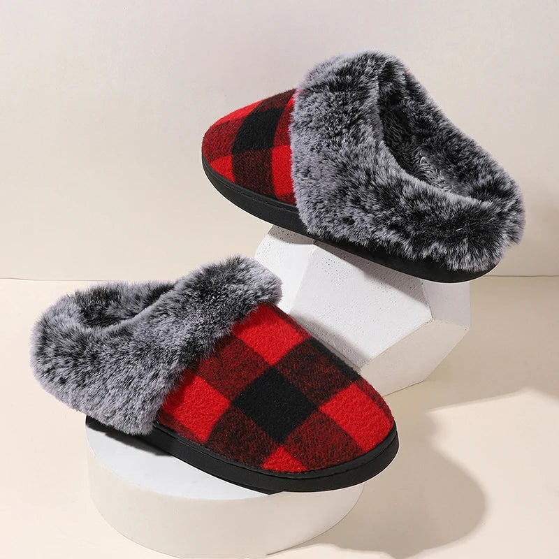 Plaid Thicken Plush Fur Slippers Women 2024 Winter