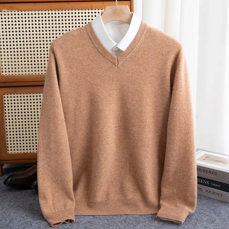 Pure Wool Pullover Men Basic Knitwear Sweater V-Neck